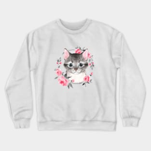 Gray cat with flowers Crewneck Sweatshirt